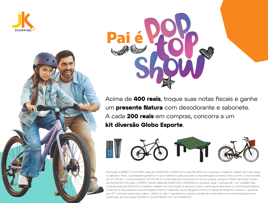 Divulgacao-Dia-dos-Pais-JK-Shopping Com sorteio de bikes, mesa de sinuca e brinde Natura, JK Shopping celebra o Dia dos Pais com experiências que unem presente, afeto e diversão