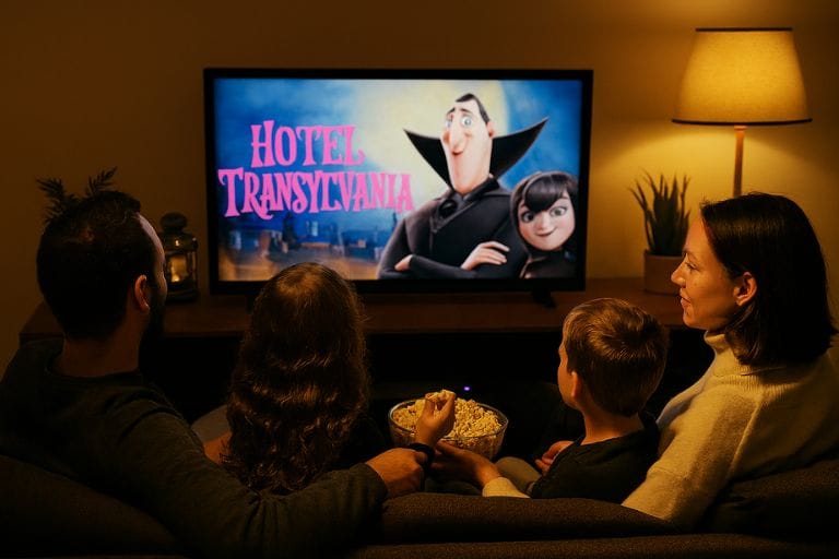 Familia-assistindo-hotel-transilvania Halloween: dicas de brincadeiras para comemorar