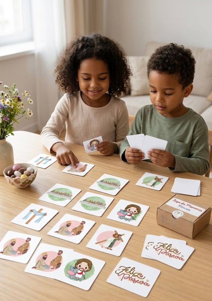 Criancas-pardas-jogando-memoria-pascoa Jogo da Memória de Páscoa Cristã para Imprimir