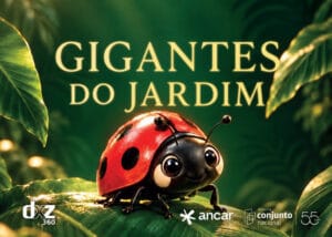 Exposição Gigantes do Jardim no Shopping Conjunto Nacional, em Brasília, com insetos gigantes e cenários imersivos.
